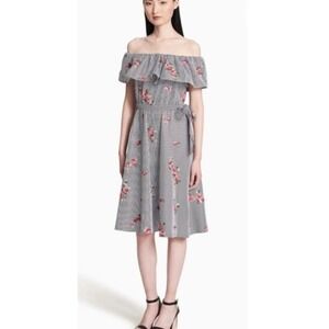 Calvin Klein Off-Shoulder A-Lined Dress Floral Embroidery Striped Ruffled Size 6